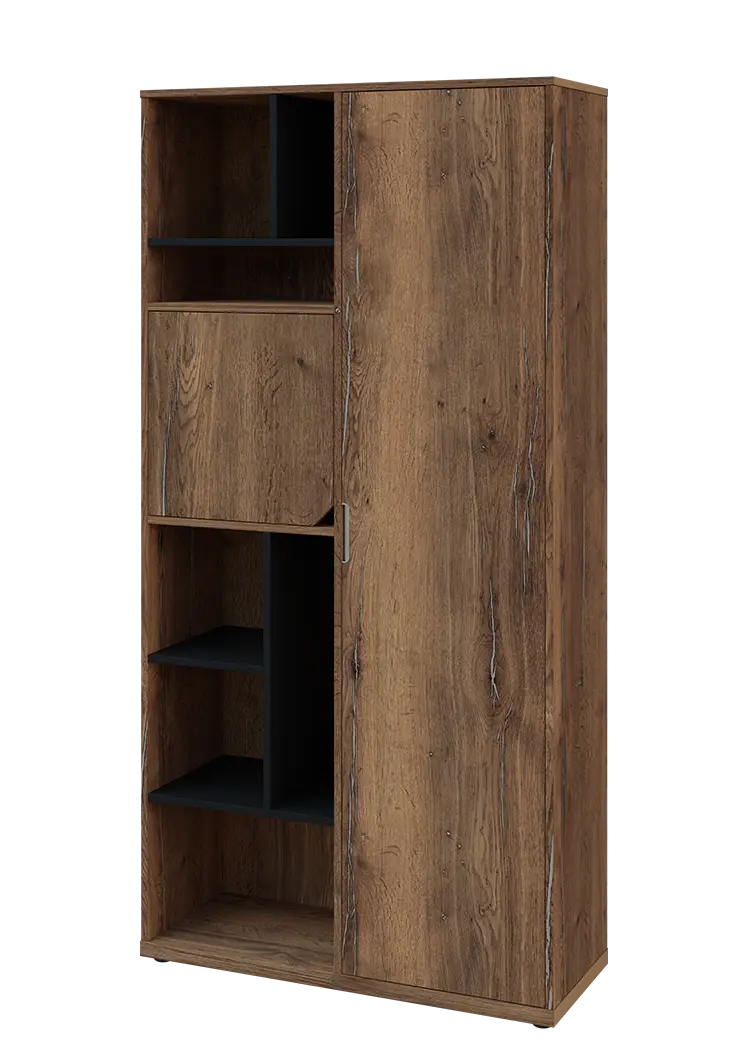 KSR6-83 P skříň šatní, 1x výsuvné ramínko, dvířka, niky, 2053x1022x400 mm, provedení pravé, korpus a dvířka dub halifax cínový/police černá